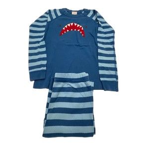 Hanna Andersson Boys Long John 2-Piece Pajama Set Size 10 Blue Stripe Shark